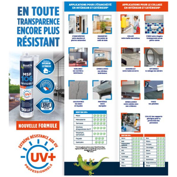 Mastic colle ms polymere msp 106 uv+ invisible 290ml
