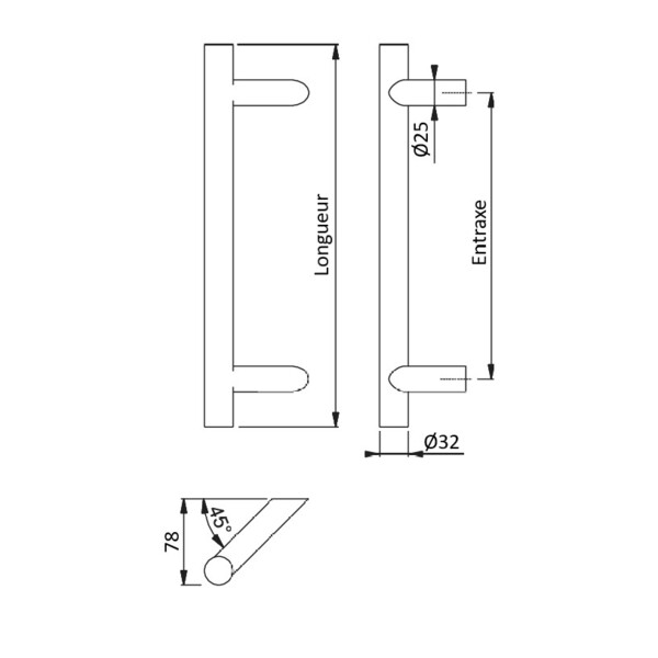 Poignée de tirage simple ø32mm incliné inox