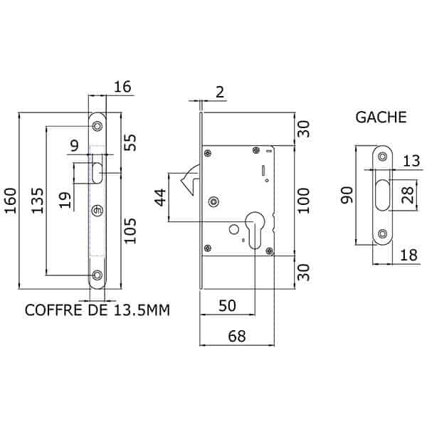 Serrure + cuvette ronde clé i inox galandage