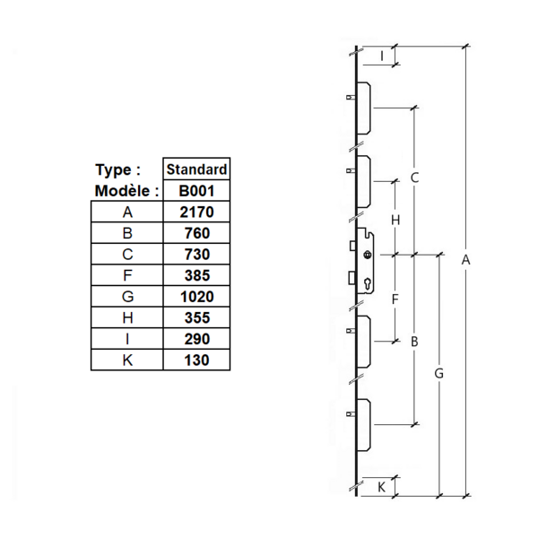 Serrure bs2304 standard - têtière 16