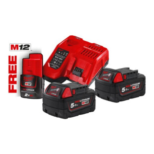 Pack charg + 2 batt 18v 5ah red lit + 1 batt 12v Milwaukee